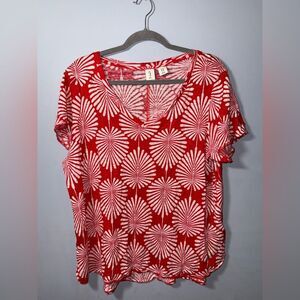 Joie 100% Linen Red & Cream Short Sleeve Top Size 1X NWOT